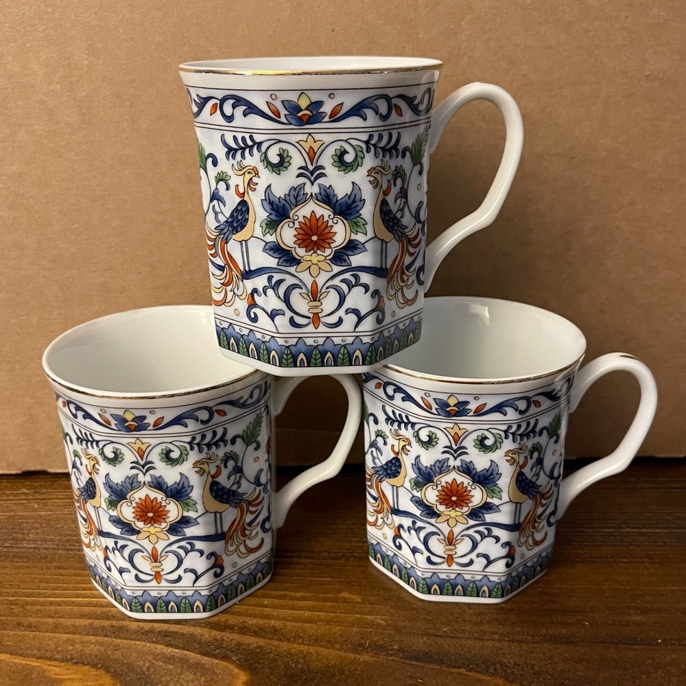 Vintage Seizan Fine China Japanese Octagonal Phoenix Bird Mugs (Set of 3)